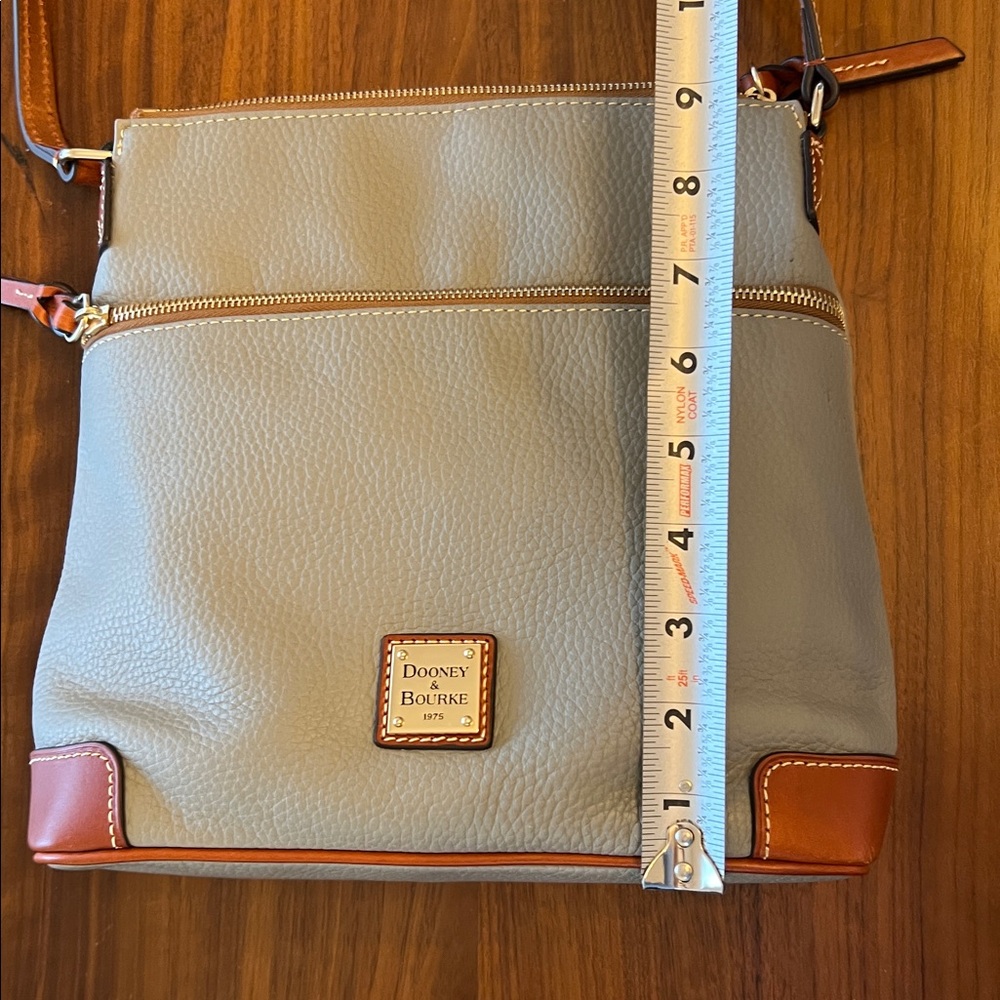 Dooney & Bourke Light Gray/Taupe Pebble Leather Crossbody Bag with Tan Trim - Picture 9 of 10